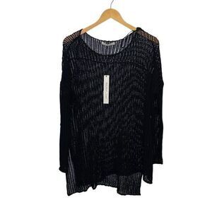 Mustard Seed Womens Open Knit Long Sleeve High‎ Low Hollow Top Black Small NWT